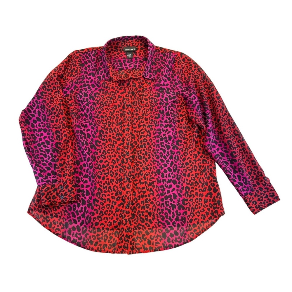 Lane Bryant Top Blouse Womens 14/16 Red Pink Leopard Button-Up Long Sleeve